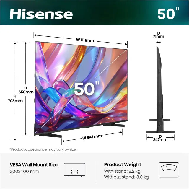 Televizor HISENSE 50E7S 2026, 126 cm (50"), Hi-QLED, 4K Ultra HD 60 Hz, Smart TV, VIDAA OS