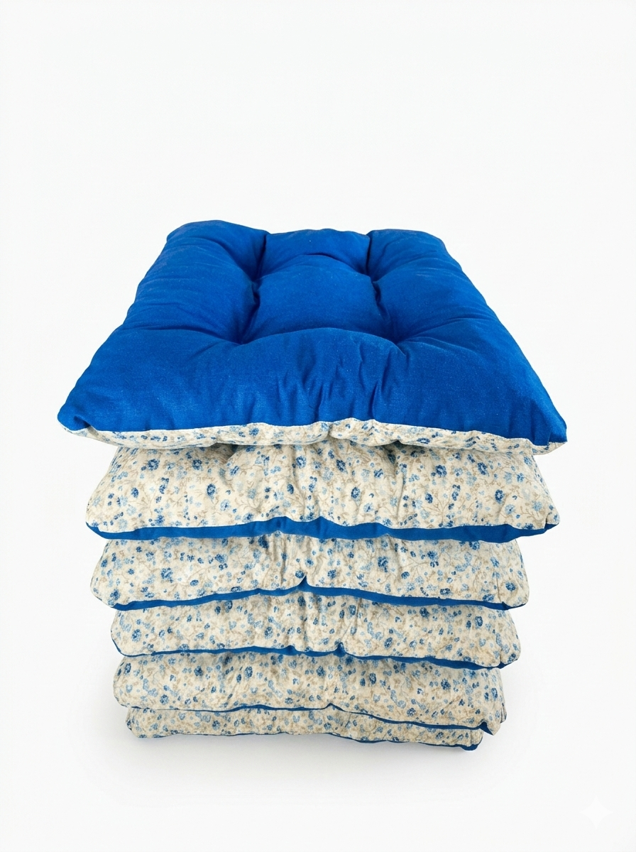 Pamučni jastuk za stolice, plavo bijeli uzorak sa cvjetićima, 6 komada